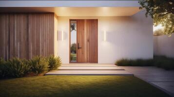 moderno casa com de madeira porta. ilustração ai generativo foto
