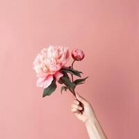 mão com Rosa peônia flor. ilustração ai generativo foto