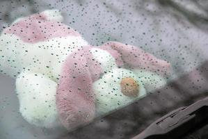 triste solitário brinquedo cachorro debaixo carro parabrisa em chuvoso dia foto