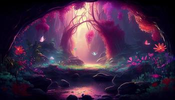 Magia floresta beleza natureza flores plantas árvores néon luzes colorida digital ai ilustração foto