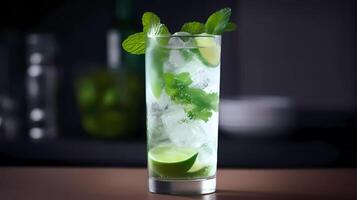 Mojito coquetel em uma mesa dentro verão bar, álcool coquetéis com rum, Lima, hortelã, gelo cubos e Castanho açúcar fechar-se, festa bebida. isolado em Preto fundo, seletivo foco generativo ai foto