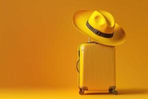 amarelo bagagem e chapéu viagem em amarelo fundo foto