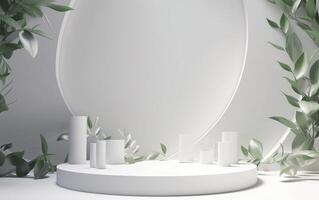 3d render lindo branco pódio para beleza pele Cuidado produtos exibição pano de fundo, modelos com natural verde folhas plantar galho, luz solar e folhagens folhas sombra, generativo ai, ai foto