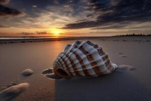 grande branco Sehell em a arenoso praia, criada com generativo ai foto