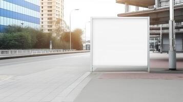 generativo ai, realista rua grande Painel publicitário zombar acima em branco para apresentação anúncio. ao ar livre placa em branco dentro a futurista cidade, o negócio conceito foto