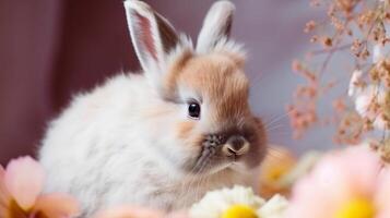 ai gerado fofa fofo branco Páscoa Coelho Coelho entre Primavera Rosa florescendo flores feriado cumprimento cartão cópia de espaço generativo ai foto