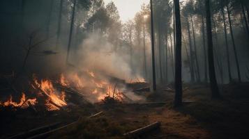 floresta fogo dentro a floresta. a conceito do desastre e ecologia, queima seco Relva e árvores dentro a floresta foto