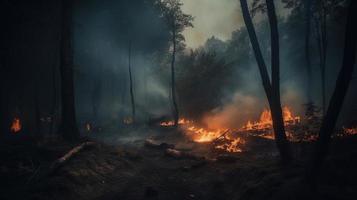 floresta fogo dentro a floresta. a conceito do desastre e ecologia, queima seco Relva e árvores dentro a floresta foto