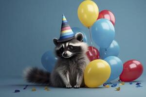 guaxinim dentro aniversário chapéu com balões. generativo ai. foto