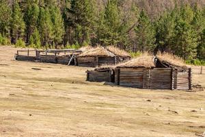 velho arruinado yurts dentro a campo. em a cobertura é velho grama. amarelo e Castanho tons. foto