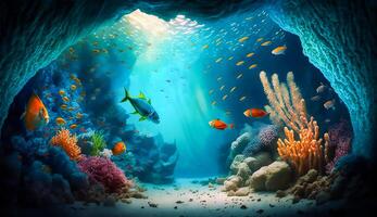 colorida tropical peixe vida dentro a coral recife dentro caverna debaixo água mar mundo, generativo ai foto