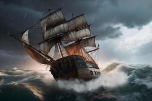 pirata navio dentro tempestade. fantasia navio. gerar ai foto