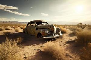 abandonado velho carro dentro deserto. gerar ai foto