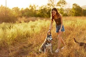 uma mulher risos e tocam com uma cachorro dentro natureza dentro uma campo sorridente abraçando uma rouco cachorro foto