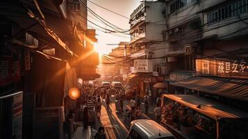 uma lindo e dramático panorâmico fotografia do a cidade Horizonte, ocupado em uma dourado tarde depois de pôr do sol. generativo ai. foto