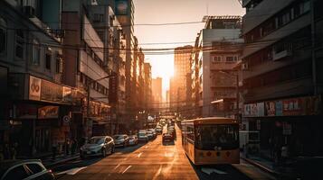 uma lindo e dramático panorâmico fotografia do a cidade Horizonte, ocupado em uma dourado tarde depois de pôr do sol. generativo ai. foto