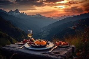 romântico jantar com Visão do montanha às pôr do sol. generativo ai foto