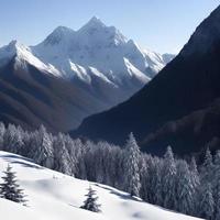 panorama Visão do neve coberto grande montanhas, generativo arte de ai foto