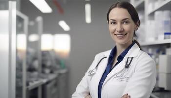 uma lindo sorridente jovem fêmea médico dentro frente do uma embaçado branco hospital laboratório fundo ai gerado foto