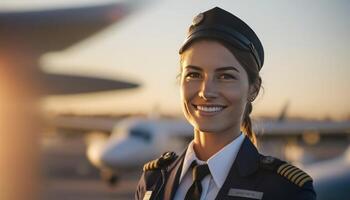 uma lindo sorridente jovem piloto dentro frente do uma embaçado aeroporto fundo ai gerado foto