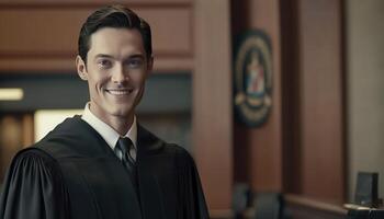 uma lindo sorridente masculino promotor vestindo promotor roupão dentro uma embaçado tribunal fundo ai gerado foto