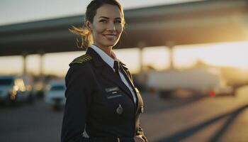 uma lindo sorridente jovem piloto dentro frente do uma embaçado aeroporto fundo ai gerado foto