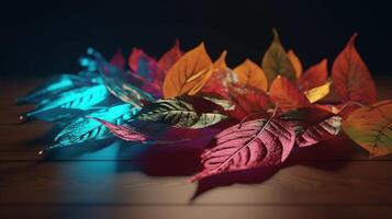 outono folhas decoração em uma de madeira fundo ai gerado foto