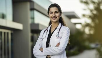 uma lindo sorridente jovem fêmea médico dentro frente do uma embaçado branco hospital laboratório fundo ai gerado foto