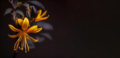 amarelo madressilva flor dentro Sombrio fundo ai gerado foto