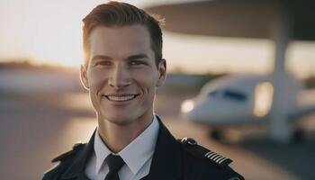 uma lindo sorridente jovem masculino piloto dentro frente do uma embaçado aeroporto fundo ai gerado foto