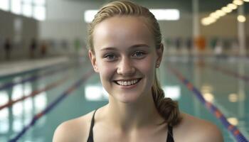 uma lindo sorridente jovem fêmea atleta dentro frente do uma esporte estádio fundo ai gerado foto