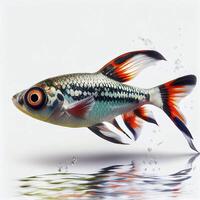 a ultra realista arlequim Rasbora peixe este saltos de espirrando em uma branco fundo ai gerado foto