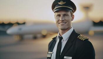 uma lindo sorridente jovem masculino piloto dentro frente do uma embaçado aeroporto fundo ai gerado foto