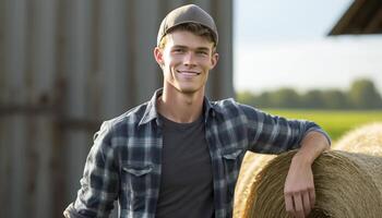 uma lindo sorridente jovem masculino agricultor dentro frente do uma Fazenda fundo ai gerado foto