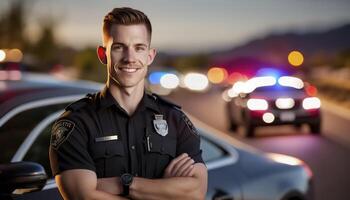 uma lindo sorridente jovem masculino polícia ao lado do uma embaçado tráfego luz e polícia carro fundo ai gerado foto