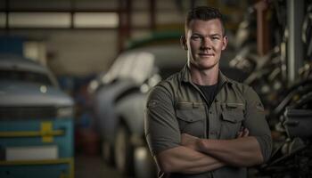 uma lindo sorridente jovem masculino mecânico dentro frente do a auto reparar fazer compras fundo ai gerado foto