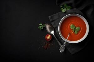uma topo Visão em uma delicioso tomate sopa com uma colher e alguns chicote com cópia de espaço criada com generativo ai tecnologia. foto