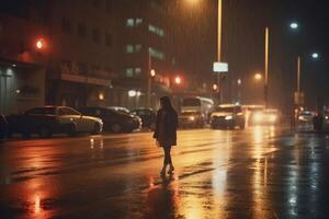 uma solitário mulher corre por aí às noite dentro uma moderno cidade enquanto isto é chovendo criada com generativo ai tecnologia. foto