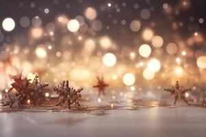 uma lindo Natal fundo com estrelas e flocos de neve e suave bokeh luzes em uma luz fundo criada com generativo ai tecnologia. foto