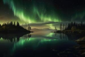 auroras dentro verde cor e estrelas sobre uma lago com reflexões do a céu criada com generativo ai tecnologia. foto