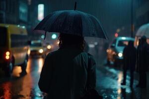 uma jovem mulher com a guarda-chuva visto a partir de atrás anda em dentro uma moderno cidade às noite e pesado chuva criada com generativo ai tecnologia. foto