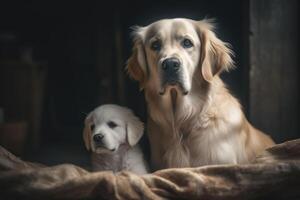 dourado retriever com filhote de cachorro. generativo ai. foto