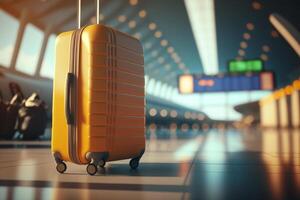uma amarelo mala de viagem sentado dentro a aeroporto terminal, generativo ai foto