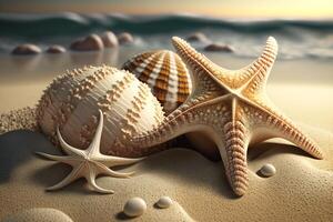 uma estrelas do mar e dois conchas do mar em uma arenoso praia, generativo ai foto