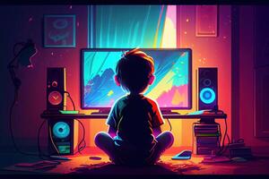 criança jogando vídeo jogos dentro dele sala. generativo ai. digital arte ilustração foto