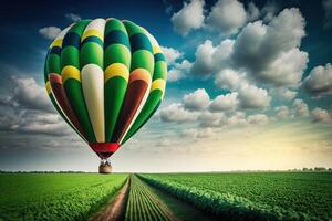quente ar balão em a fundo do uma verde campo e Sol nublado céu cópia de espaço generativo ai foto