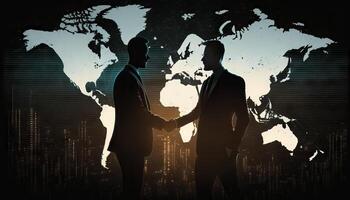 dois homem de negocios investidor aperto de mão com efeito global mundo mapa rede ligação conexão. generativo ai foto