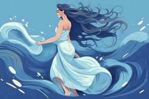 ilustração do mulher com fluindo cabelo dança dentro a oceano, criada com generativo ai foto