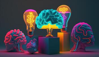 ai generativo ilustração colagem com cérebro luminária lâmpada com néon luzes. idéia e criatividade conceito foto