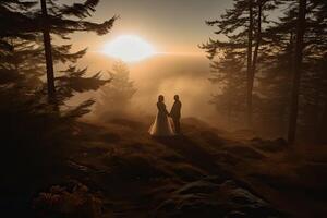 Casamento silhueta casal posando em pôr do sol dentro lindo floresta às Casamento dia. noiva e noivo dentro amar. inexistente pessoa. generativo ai. foto